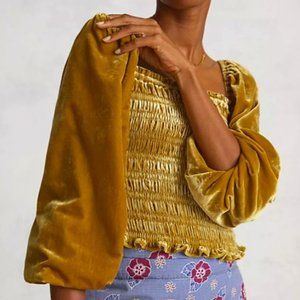 Anthropologie Golden Puff Sleeve Velvet Blouse